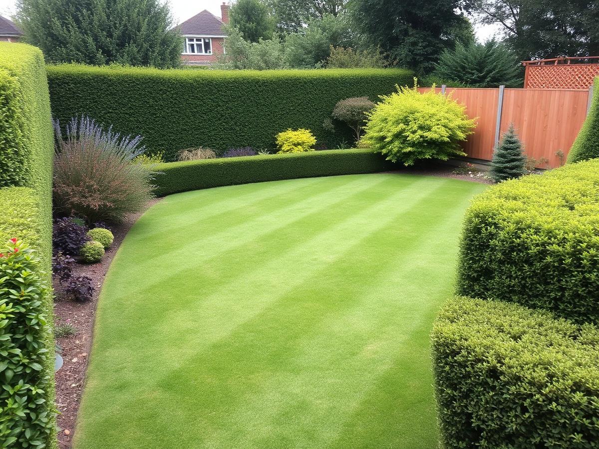 Freshly mown lawn and trimmed hedges in a Northamptonshire back garden
