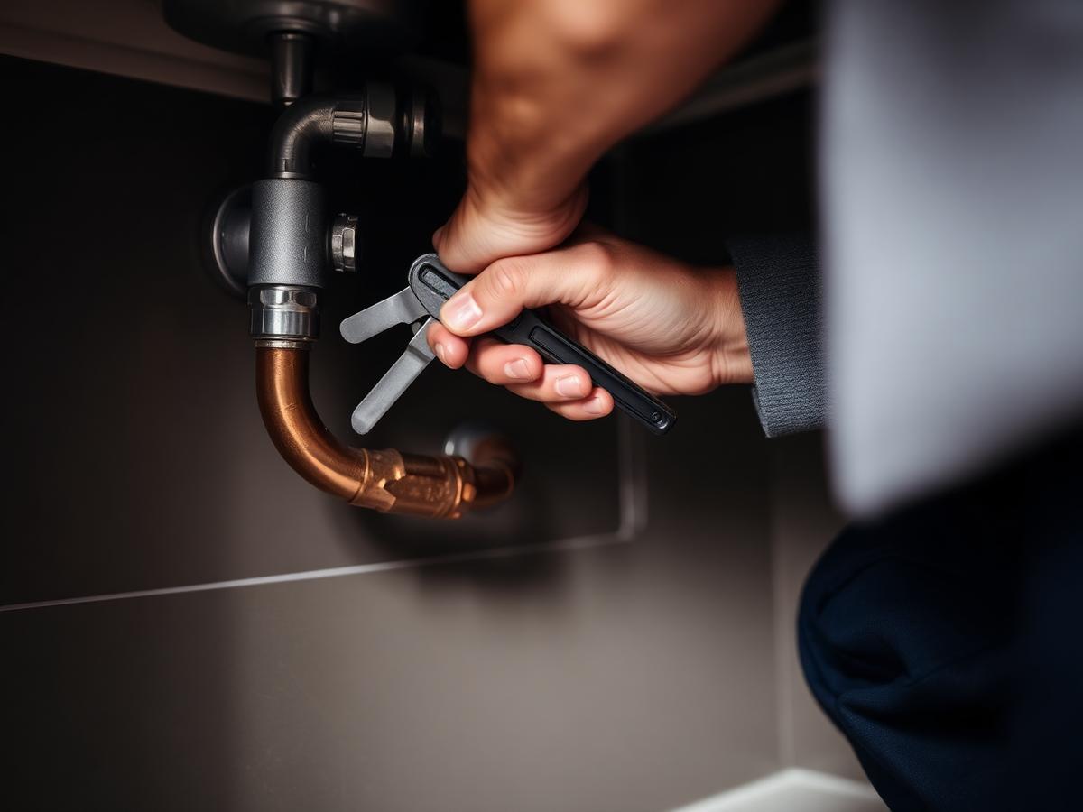 Plumber tightening a copper pipe under a kitchen sink