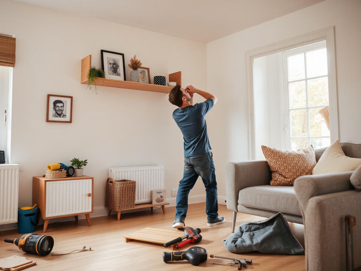 Handyman fitting a wall shelf in a Northampton living room
