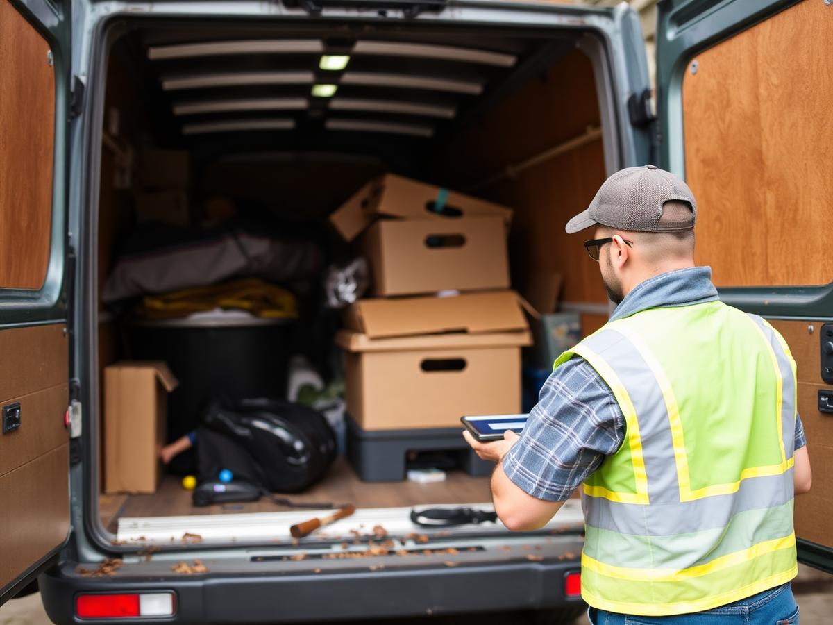 Waste clearance crew loading household items into a van in Northampton